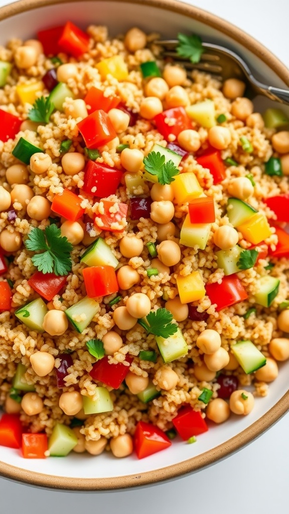 A colorful quinoa and chickpea salad with bell peppers, cucumbers, and parsley in a bowl.